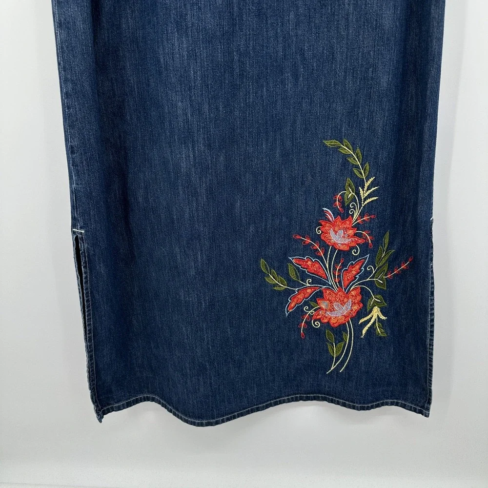 Vintage‎ Y2K Maxi Denim Dress Jumper 14W Floral Embroidered Minimalist Grunge